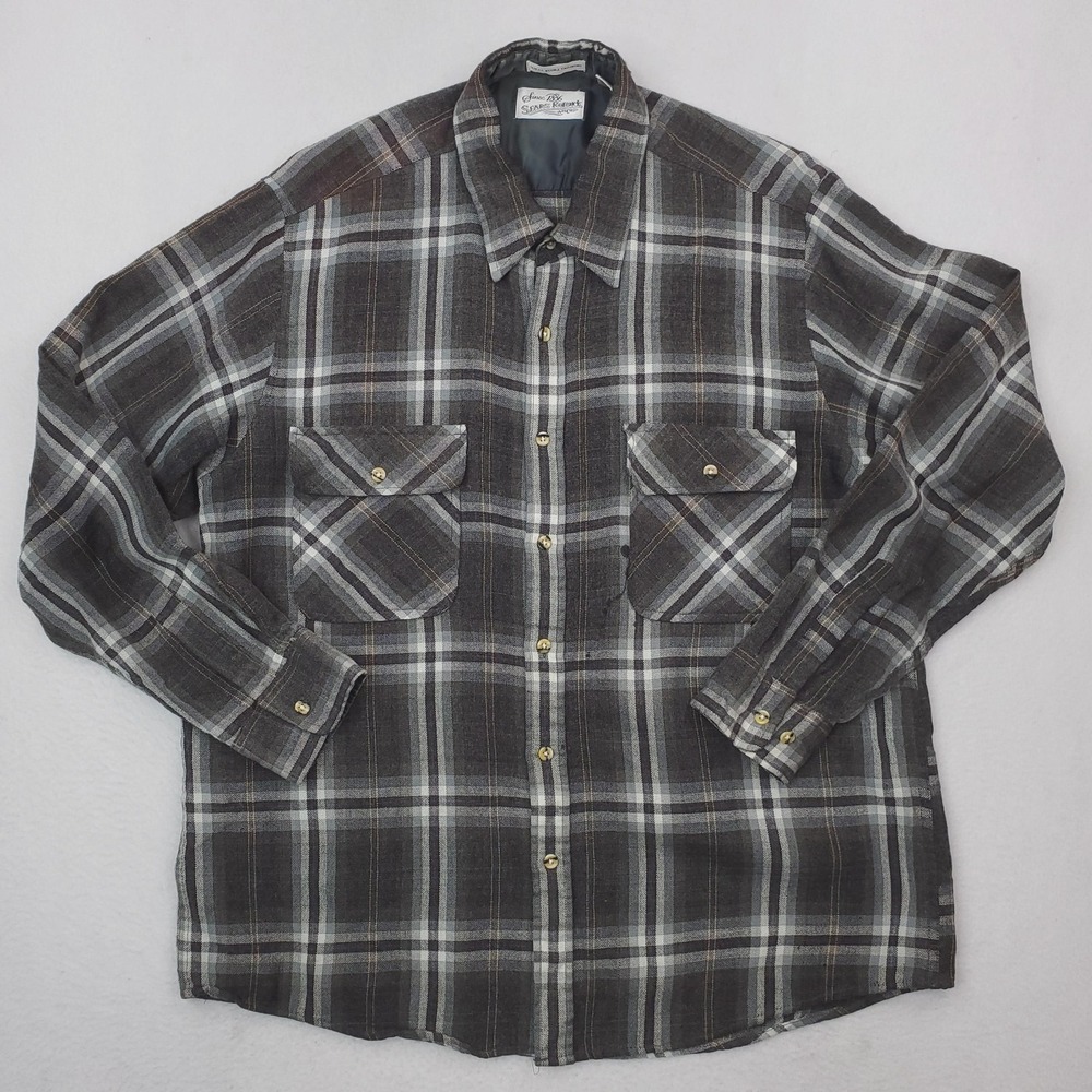 Vintage Sears Roebuck Shirt Mens 2XL Gray Plaid Flannel Wool Blend Button Up